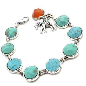 Simulated Faceted Turquoise Elephant Charm Silver-tone Link Bracelet 6.75"